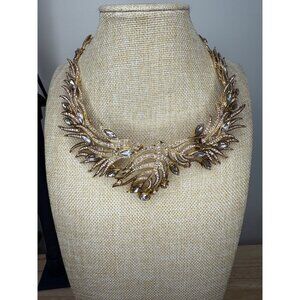 Gold-Tone Statement Collar Necklace With Crystal Accents & Intricate Leaf Design